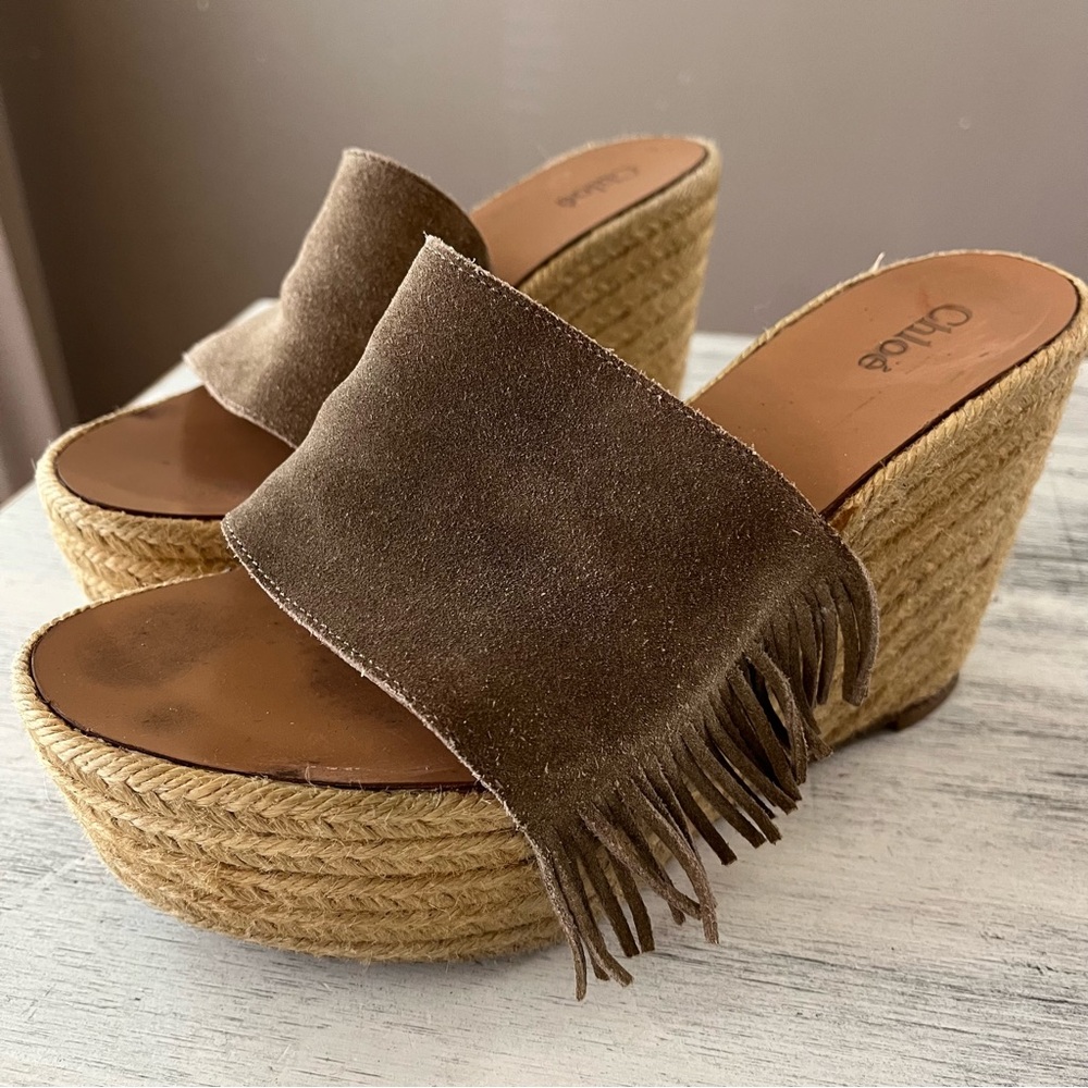 Chloé Estel Suede Fringe Slide Strap Jute Wrap Platform Wedge Sandal size 37